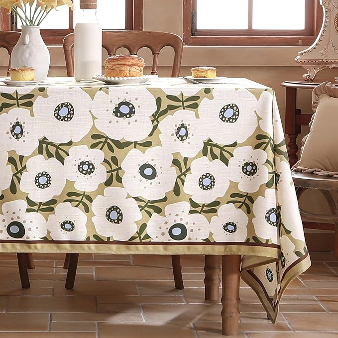 Designer Vintage Rectangular Tablecloth,Linen French Extra Long Tablecloth with White Floral Pattern,Decor Table Cover for Kitchen,Dining,Thanksgiving,Party,67" × 118"-Hidaka