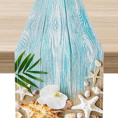 Blue Wooden Starfish Table Runner, Turquoise Tropical Summer Sandy Ocean Beach Coffee Table Center Deco, for Kitchen Family Festival Farmhouse Party and Living Room Table Decorations, 13" X 36"