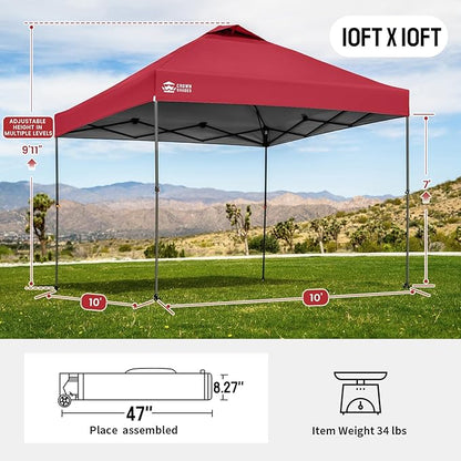 CROWN SHADES Adjustable Height on The Fly, 10x10 Pop Up Canopy - Beach Tent with One Push Setup - Easy Outdoor Sun Shade for Events, Parties, Camping - Outside Shade with STO-N-Go Bag, Red