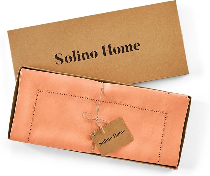 Solino Home Linen Coral Table Runner 132 Inches Long - 100% Pure Linen Extra Long Table Runner 14 x 132 Inch for Valentines, Spring, Easter - Classic Hemstitch