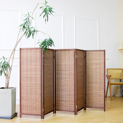 5 Panel Short Room Divider Screen,Brown Freestanding Partition,Small Bamboo Panel Divider for Room Seperation,3.95 FT Tall