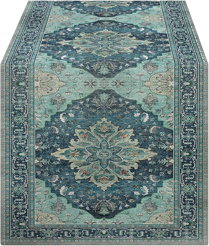 OYIMUA Boho Floral Pattern Summer Table Runner 90 Inches Long Teal and Blue Runners for Tables Rustic Spring Fall Decorations for Home Indoor and Outdoor Party Decor