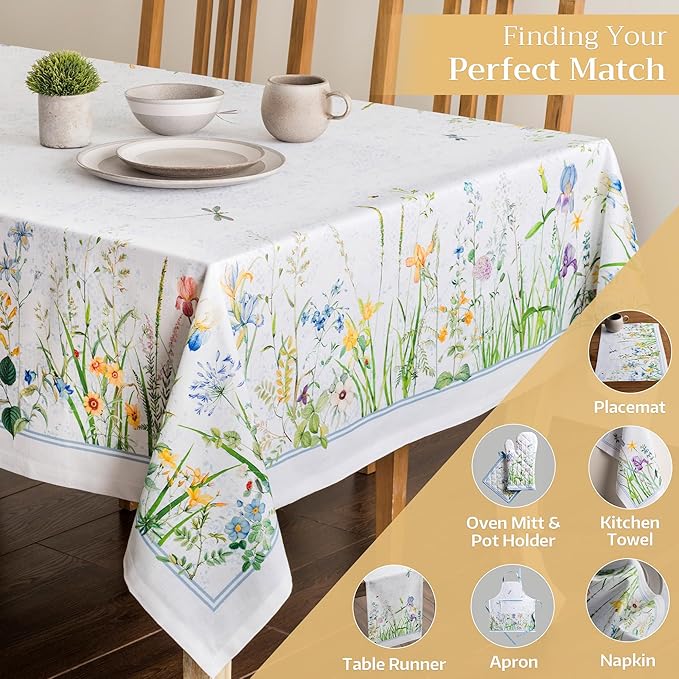 Maison d' Hermine Table Cloth Rectangle Table 100% Cotton 70 x 140 Inches Tablecloth Reusable Decorative for Dining Room, Farmhouse, Home, Party, Festive & Wedding Spring Summer - Fleurs De Mai