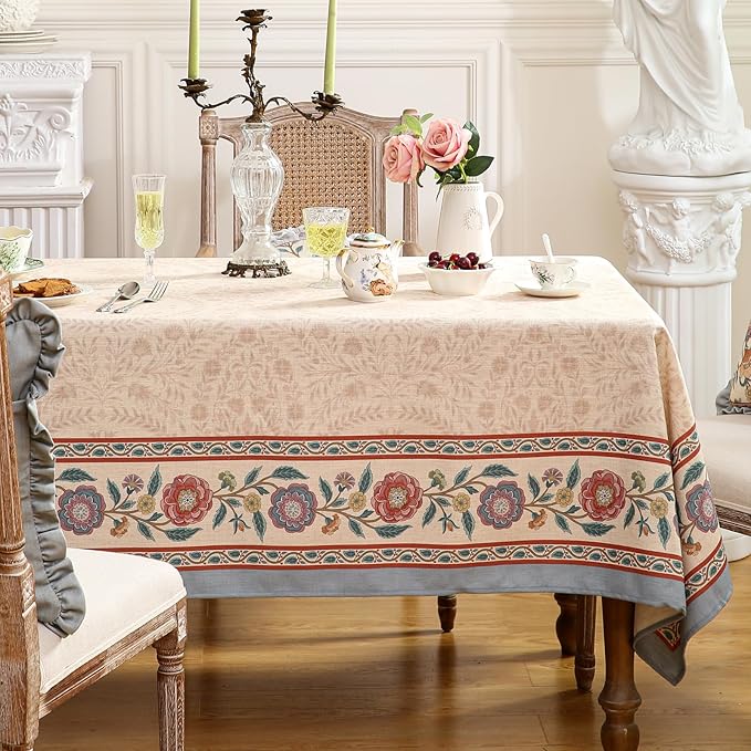 Beige Linen Rectangle Tablecloth,Vintage Indian Style Soft and Colorfast Floral Tablecloths,Decor Table Cover for Kitchen,Dining,Party,Thanksgiving,Christmas,55"*87"-Flowershadow E