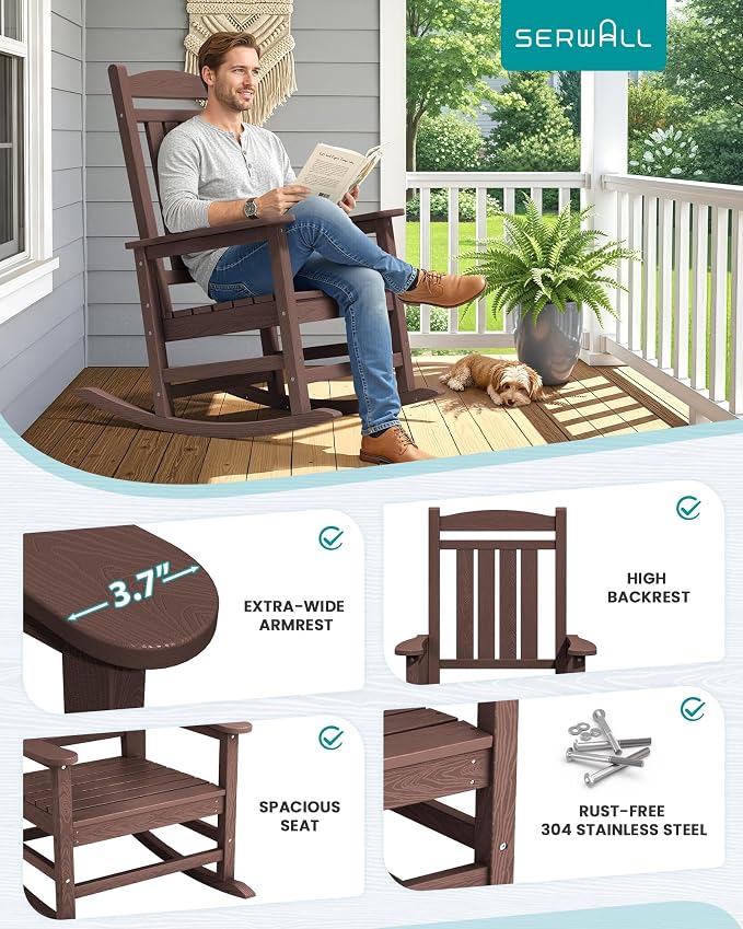 SERWALL Outdoor Rocking Chair Set of 2, Patio Rocking Chair, Coffee | HDPE - Image 7