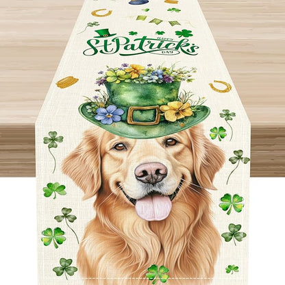 St.Patrick's Day Table Runner,Sharmrock Dog Hat Golden Retriever Beige Rustic Table Center Decor for Home Kitchen Dining Patio Holiday Party Indoor Table Decorations, 13"x72"
