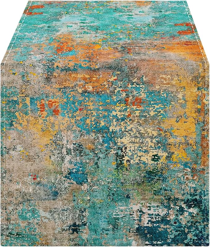 OYIMUA Modern Abstract Teal Yellow Colorful Table Runner 13 x 72 Inches Summer Runners for Tables Rustic Spring Fall Decorations for Home Indoor Outdoor Table Decor