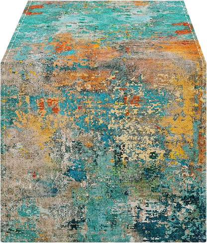 OYIMUA Modern Abstract Teal Yellow Colorful Table Runner 13 x 72 Inches Summer Runners for Tables Rustic Spring Fall Decorations for Home Indoor Outdoor Table Decor