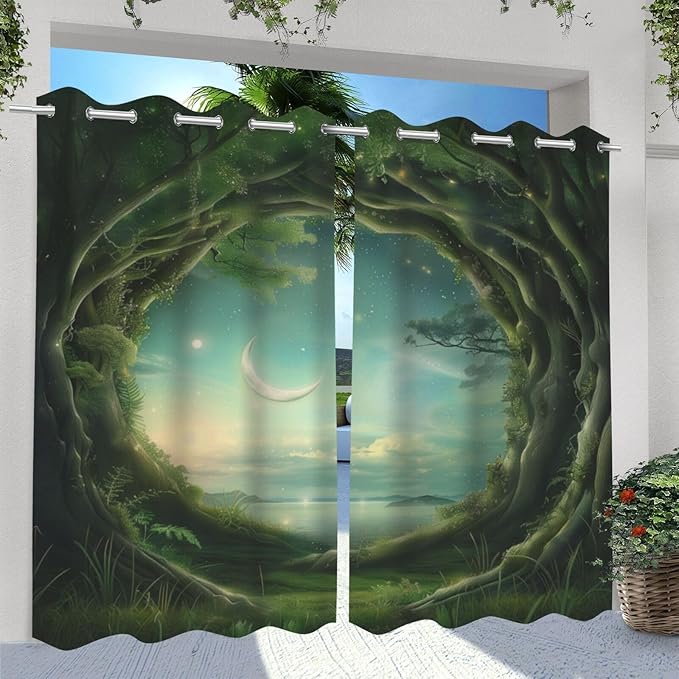 Forest Theme Outdoor Curtains for Patio Waterproof,Trees Moon Lake Pattern,Light Filtering Curtains Outside Curtains for Porch, Gazebo, Pergola, Backyard,Set of 2 Panels,54 x 108 inch,Green