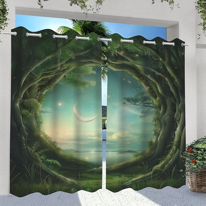 Forest Theme Outdoor Curtains for Patio Waterproof,Trees Moon Lake Pattern,Privacy Weatherproof Grommet Outside Curtains for Porch, Pergola, Cabana,Set of 2 Panels,42 x 84 inch,Green