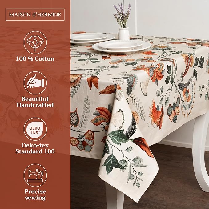 Maison d' Hermine Table Cloth Rectangle Table 100% Cotton 60 x 90 Inches Fall Tablecloth Reusable Everyday Use for Thanksgiving Christmas Decorations Dining Farmhouse Party (Dalida)