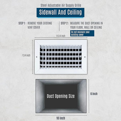[2 Pack] Fits 10x6 Duct Opening Steel Adjustable Air Supply Grille by Handua | Register Vent Cover Grill for Sidewall and Ceiling | White | Outer Size: 11.75" X 7.75"
