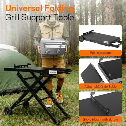 veralune Folding Grill Table, Outdoor Prep Table with 2 Wheels, Adjustable Height Portable Grill cart for Outdoor Cooking Camping BBQ Tailgating Picnicking