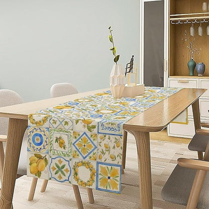 Yellow Lemon Summer Table Runner, Watercolor Spring Yellow and Blue Flower Hawaiian Style Table Runner for Holiday Party Home Kitchen Dining Table, 13x70inch