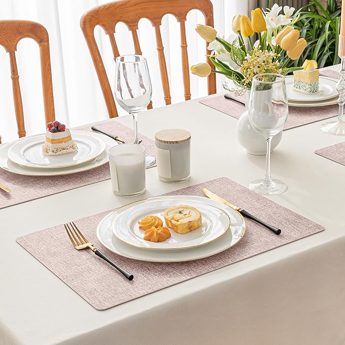 Romanstile Vinyl Placemats Set of 8-12 X 17 Inch - Heat Resistant Place Mats 100% Waterproof Oilproof Wipeable Reversible Faux Leather Table Mats for Kitchen, Dining, Party, Outdoor, Pink