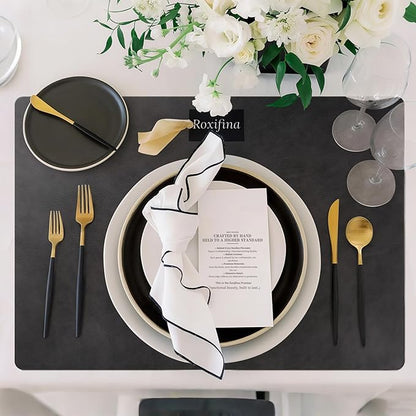 Roxifina Faux Leather Placemats Set of 6 - Vinyl Placemats Wipeable Waterproof Oil-Proof PU Place Mats Heat Resistant Reversible Table Mats for Dining, Kitchen, Outdoor, 12 x 17 Inch (Washed Black)