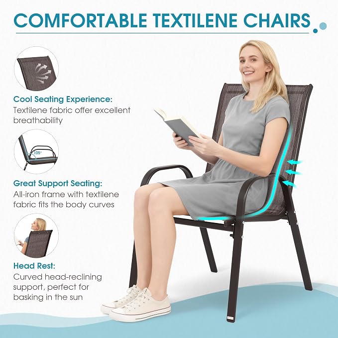 24.4" Wide Outdoor Stackable Chairs Set of 6 | Stacking Patio Chairs - Image 4