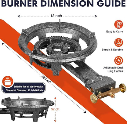 Llamaviva 90,000 BTU Portable Propane Burner Stove Cast Iron Single Burner for Outdoor Wok Cooking 0-20 PSI Adjustable Regulator & 4 ft Hose - Lightweight & Easy to Carry for Camping