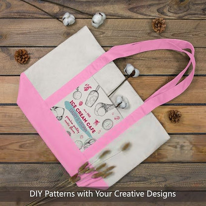 TOPDesign 3-Pack Canvas Tote Bags with an External Pocket, Reusable Grocery Shopping Bags, Top Zipper Closure, Daily Essentials (Pink/Natural)