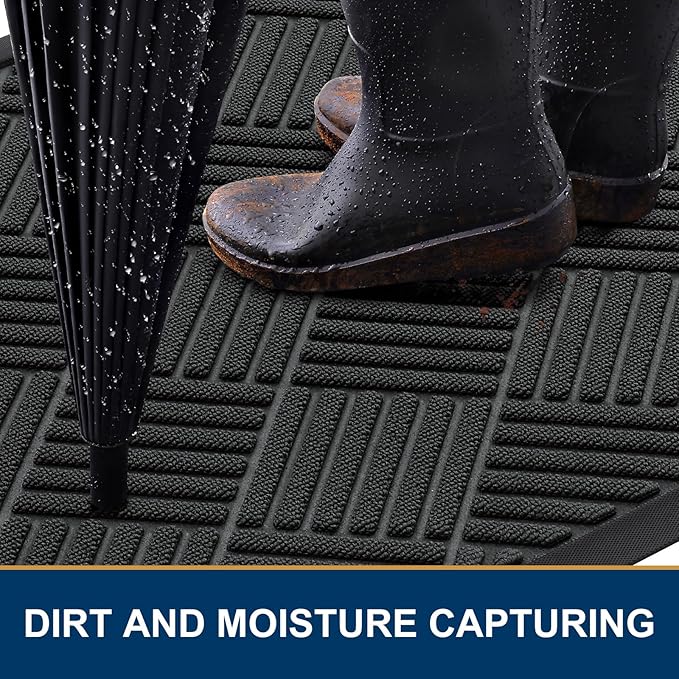 Smiry Front Door Mat Outside Entrance, Heavy Duty Outdoor Indoor Natural Rubber Doormat, Non Slip, Trap Dirt and Moisture, Easy Clean, Low Profile Patio Porch Entryway Mat, 47x17, Black