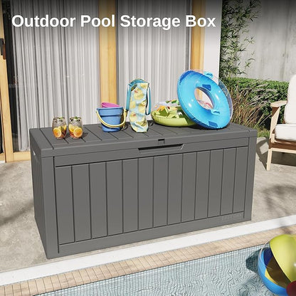 EAST OAK Outdoor Storage Box, 90 Gallon Deck Box, Waterproof Resin Storage Bin for Patio Cushions, Gardening Tools, Lockable, UV Resistant, Grey