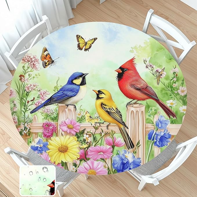 Spring Birds Floral Round Fitted Tablecloth with Elastic Colorful Flower Butterfly Circle Table Cloth for 48-52" Round Tables Wipeable Waterproof Farmhouse Easter Table Cover for Outdoor Picnic Dining