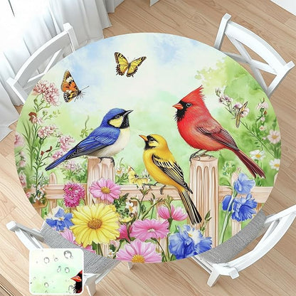 Spring Birds Floral Round Fitted Tablecloth with Elastic Colorful Flower Butterfly Circle Table Cloth for 40-44" Round Tables Wipeable Waterproof Farmhouse Easter Table Cover for Outdoor Picnic Dining