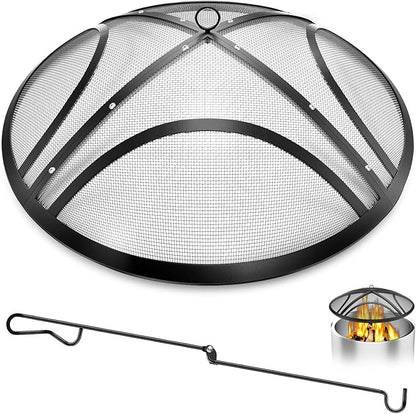 Fire Pit Spark Screen, Upgraded 22 Inch Outdoor Fire Pit Screen with Handle & Poker, Heavy-Duty Steel Fire Pit Cover Round Mesh Replacement Firepit Screen for Backyard/Beach/RV Camping