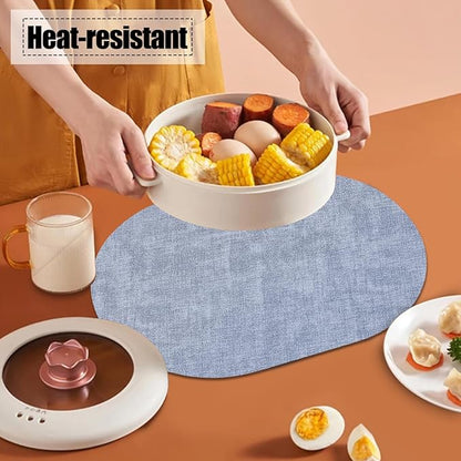 Leather Placemats Set of 6 Non Slip,Oval Blue Faux Leather Placemat Waterproof Reversible,Heat Resistant Wipeable Table Placemats for Dining Table,Modern Table Protectors