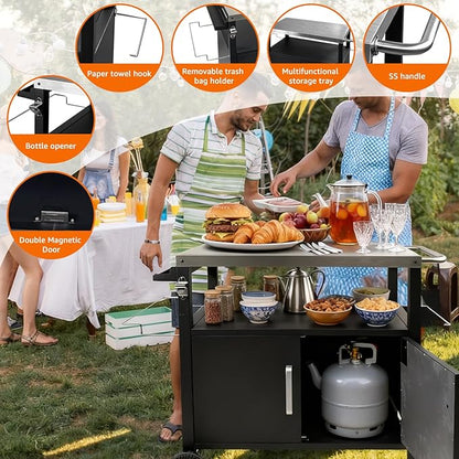 Dining Cart Table with Big Storage Cabinet - Movable Indoor Outdoor Kitchen Island, Multifunctional BBQ Grill Table & Pizza Oven Stand for Food Prep
