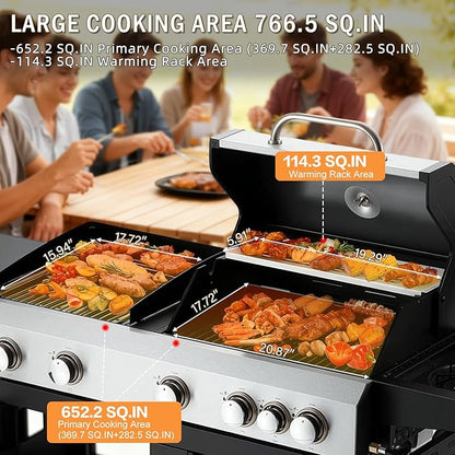 MELLCOM 3 IN 1 Pizza Griddle Grill Combo, 74,000 BTU 5 Burner Stainless Steel Propane Gas Grill with Side Burner,Pizza Oven, Griddle and Porcelain Enameled Cast Iron Grates for Outdoor Patio Backyard