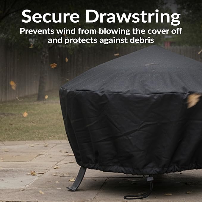 Sunnydaze Round Outdoor Fire Pit Cover - Heavy-Duty 300D Polyester and PVC with Drawstring Closure - Black - 48-Inch
