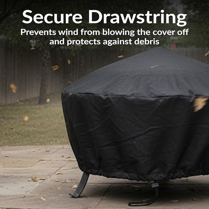 Sunnydaze Round Outdoor Fire Pit Cover - Heavy-Duty 300D Polyester and PVC with Drawstring Closure - Black - 58-Inch