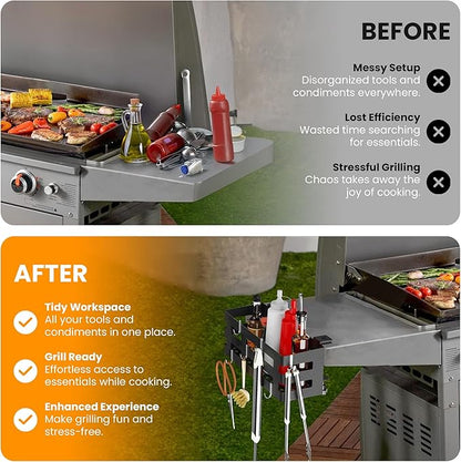 Griddle Caddy for Blackstone 28"/36" Griddles –Large BBQ Organizer with 6 J-Hooks, Paper Towel Holder, Ample Storage for Condiments & Tools – for Outdoor Cooking, Camping, and Grilling Essentials