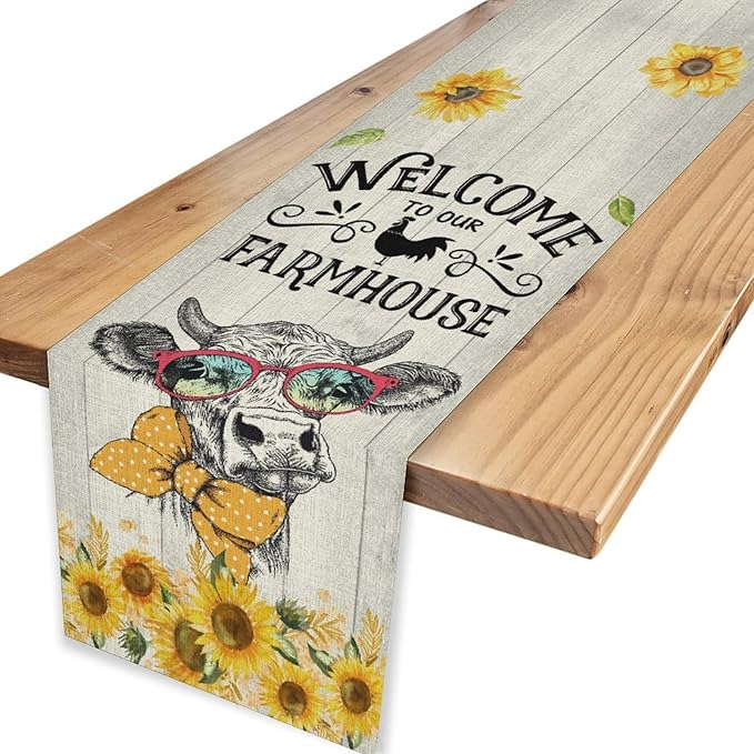Farmhouse Cow Table Runner, Rustic Yellow Sunflower Floral Buffalo Animals Spring Coffee Farm Table Center Decor for Family Kitchen and Living Room Country Holiday Party Table Decorations, 13" X 90"