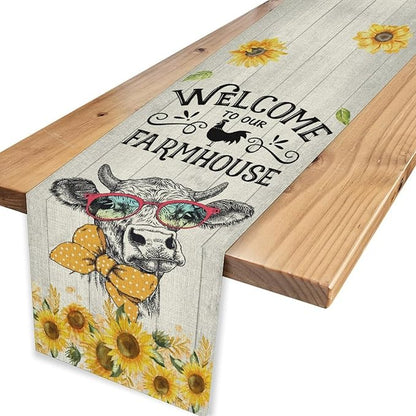 Farmhouse Cow Table Runner, Rustic Yellow Sunflower Floral Buffalo Animals Spring Coffee Farm Table Center Decor for Family Kitchen and Living Room Country Holiday Party Table Decorations, 13" X 90"