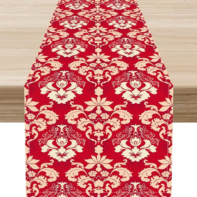 Damask Table Runner, Rustic Gothic Red Baroque Style Floral Boho Flower Antique Vintage Retro Coffee Table Center Decor for Kitchen and Dining Outdoor Home Country Party Table Decorations, 13"x108"