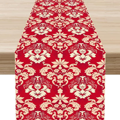 Damask Table Runner, Rustic Gothic Red Baroque Style Floral Boho Flower Antique Vintage Retro Coffee Table Center Decor for Kitchen and Dining Outdoor Home Country Party Table Decorations, 13"x108"
