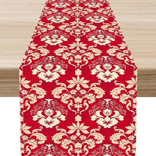 Damask Table Runner, Rustic Gothic Red Baroque Style Floral Boho Flower Antique Vintage Retro Coffee Table Center Decor for Kitchen and Dining Outdoor Home Country Party Table Decorations, 13"x108"