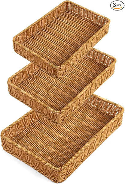 Woven Bread Basket, 3 Pack Wicker Fruit Baskets Rattan Bread Basket Poly Wicker Bread Baskets With Handles For Food Serving, Display, Vegetables, Home Kitchen, Restaurant, Outdoor (Rectangle set)