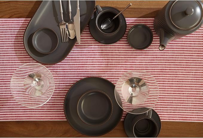 Solino Home Linen Table Runner 48 Inches - Narrow Stripe 100% Pure Linen Red and White Farmhouse Table Runner 14 x 48 Inch Ideal for Dresser and Coffee Tables - Valentines, Winter, Spring, Easter
