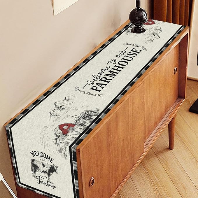 Farmhouse Table Runner, Rustic Country Barn Cottage Rooster Cow Check Animal Plank Coffee Table Center Decor for Home Kitchen Dining Patio Holiday Party Indoor Outdoor Table Decorations 13"x90"