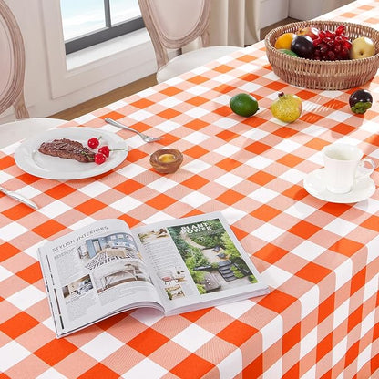 Softalker Gingham Checkered Tablecloth Rectangle - Outdoor Waterproof Buffalo Plaid Table Cloth, Stain Resistant Washable Table Cover for Picnic, Camping, Dining - Orange and White, 54 x 120 Inch