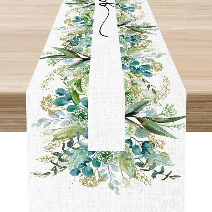 Farmhouse Table Runner, Green Gold Eucalyptus Spring Seasonal Plants Rustic Country Cafe Coffee Table Center Decor for Home Kitchen Dining Patio Indoor Outdoor Table Decorations, 13"x108" Inch
