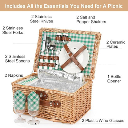 ZORMY Wicker Picnic Basket for 2 Person, Willow Hamper Basket Sets with Insulated Compartment, Handmade 2 Person Picnic Basket for Camping - GreenCheck