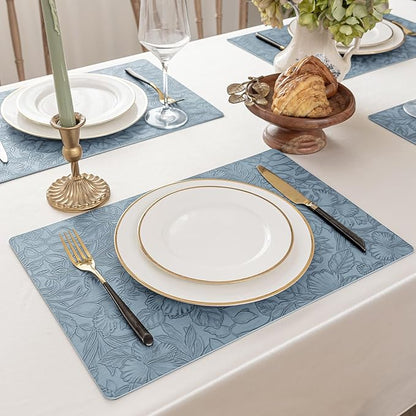 Romanstile Vinyl Placemats Set of 4-12 X 18 Inch - Heat Resistant Non-Slip Embossed Floral Place Mats 100% Waterproof Oilproof Wipeable Faux Leather Table Mats for Kitchen/Dining/Party, SkyBlue