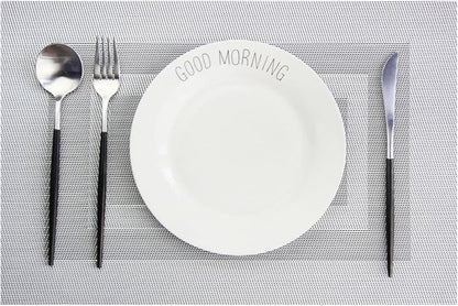PIGCHCY Placemats - Heat Resistant, Washable Woven Table Mats - Durable Vinyl - Set of 4 (Silver Black)