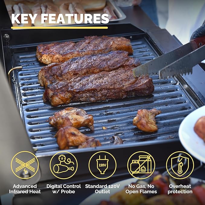 Turbo E Sport Compact Electric Grill, 1700W Infrared, Digital Display with Probe, Apartment Friendly