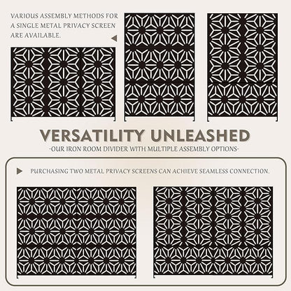 Kozyard Metal Privacy Screen 74" H x 47.2" W Decorative Outdoor Divider with Stand Panels Freestanding Screen Set for Deck Patio Balcony Garden Outdoor&Indoor(Black/Hexagonal Star)