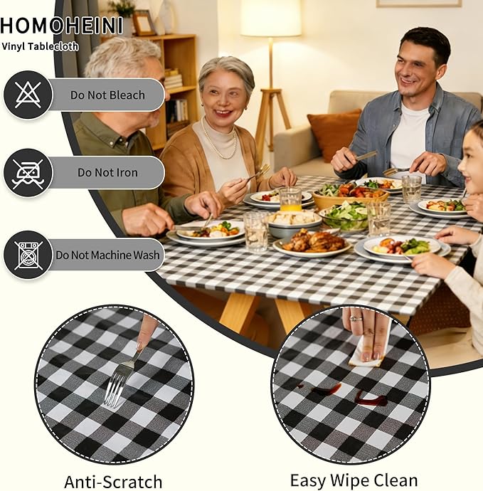 Rectangle Picnic Table Cloth, Elastic Waterproof Fitted Vinyl Tablecloths for 4 Foot Tables, Wipeable Flannel Backed Table Covers for Dining, Camping, Outdoor(Black Plaid,30"x48")